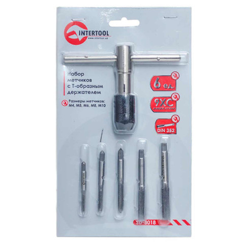 Набір мітчиків 6шт (М4-М10) + Т-подібний тримач Intertool