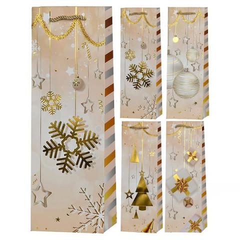 Пакет подарочный бумажный под бутылку "Christmas stars" 12*9*35см (12шт/уп)