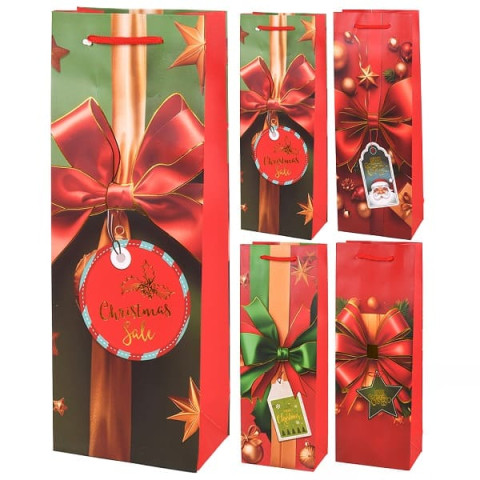 Пакет подарочный бумажный под бутылку "Merry Christmas" 13*8.5*36см (12шт/уп)