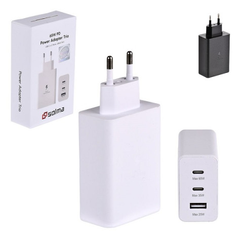 Зарядное устройство для телефона "Trio" (USB-C 65W/USB-C 25W/USB-A 15W) SOLMA