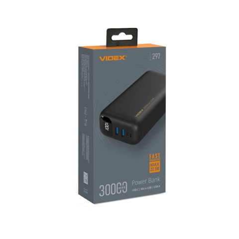 Портативное зарядное устройство 30000mAh VIDEX VPB-297 22.5W QC+PD Black.(Быстрая зарядка)