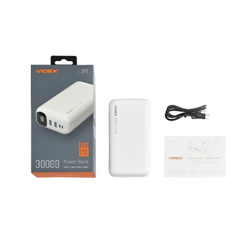 Портативное зарядное устройство 30000mAh VIDEX VPB-297 22.5W QC+PD White.(Быстрая зарядка)