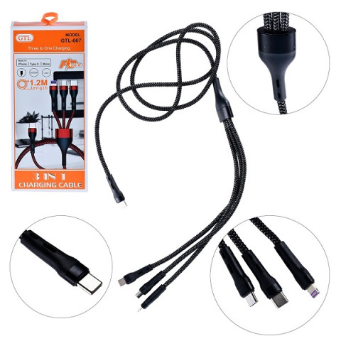 Шнур USB 3in1 C-type, micro USB, Iphone Lightning 1.2м. черный