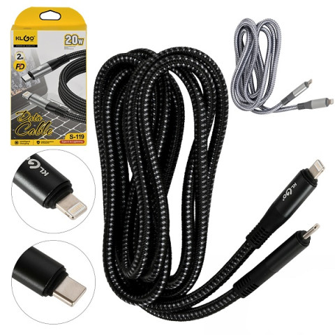 Шнур USB-Type-C-Lightning 2м. черный/серый KLGO