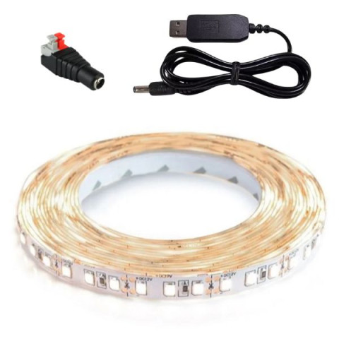 Светодиодная лента белая 5м, 4000-4500K, 12Вт (120 LED/метр) с переходником на USB