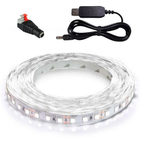Светодиодная лента белая 5м, 6000-6500K, 12Вт (120 LED/метр) с переходником на USB