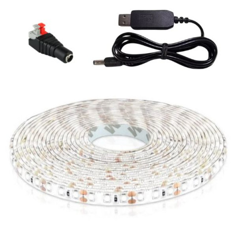 Светодиодная лента белая 5м, 6000-6500K, 12Вт (120 LED/метр) с переходником на USB, герметичная